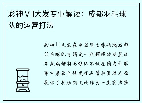 彩神Ⅴll大发专业解读：成都羽毛球队的运营打法
